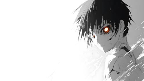 Monochrome anime boy with burning orange cybernetic eyes.