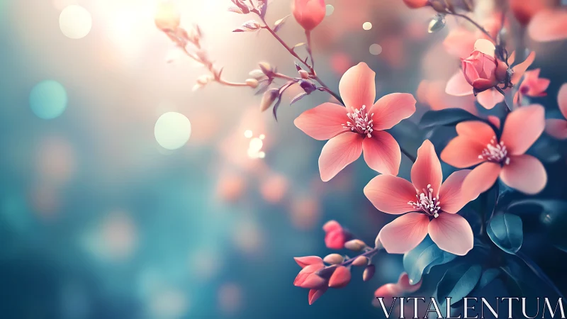 Coral blossoms drift against soft bokeh light.