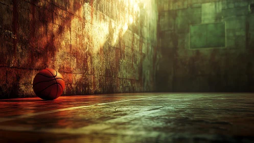 Cinematic low-angle view of lone basketball on worn court floor