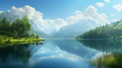 Mountain lake landscape renders crisp reflections and volumetric clouds