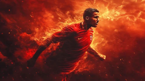 Soccer player in red kit runs through blazing fiery background