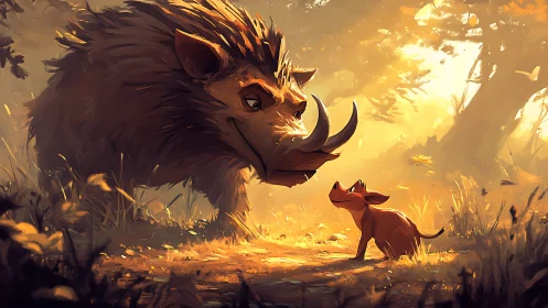 Large boar and small canine in warm forest clearing scene.