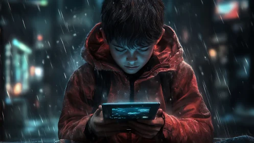 Cinematic digital painting of boy with tablet in neon rain.