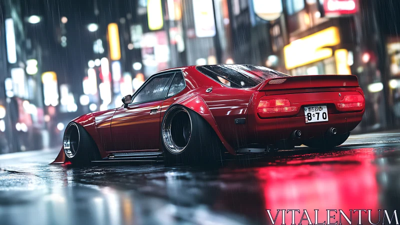 Midnight red street racer hums through neon drenched rain