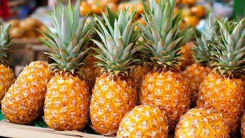 Cluster of ripe pineapples arranged on a market stall.