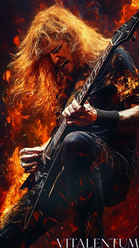 Flaming metal guitarist shredding in explosive inferno stage.