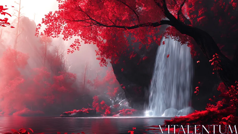 Infrared forest waterfall under high contrast spectral lighting.