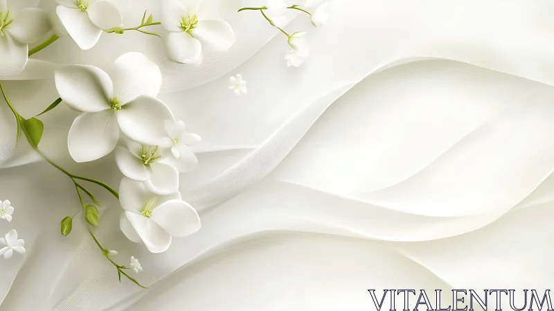 White orchid spray rests over flowing sheer fabric waves