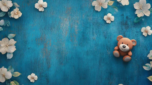 Toy bear on teal wooden background with floral framing balance