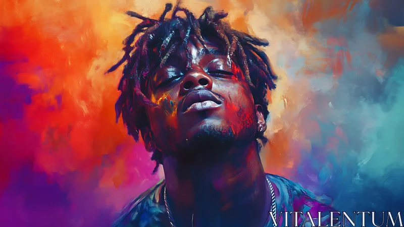 Radiant urban portrait amid swirling neon color fields.