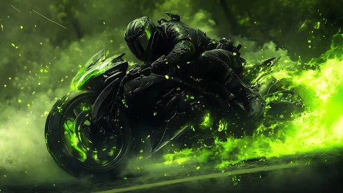 Neon rider carving through toxic green cyber flame storm.