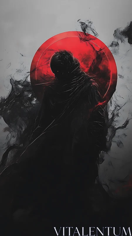 Shrouded dark figure before red circular halo in smoke.