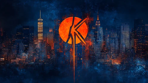Urban skyline overlaid with central orange circular emblem
