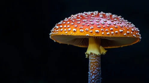 Red spotted mushroom close-up against dark background.