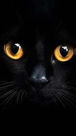 Luminous Eyes in the Darkness: A Black Cat's Haunting Gaze