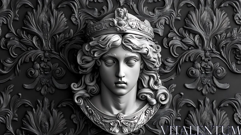 Baroque 3D relief portrait of crowned figure in ornate foliage