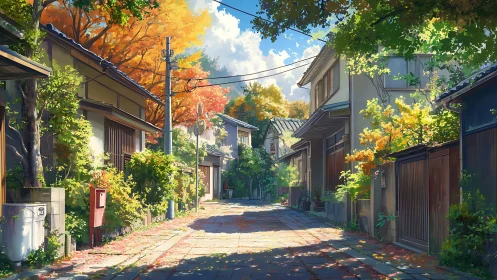 Sunlit Japanese alleyway rendered in detailed digital painting