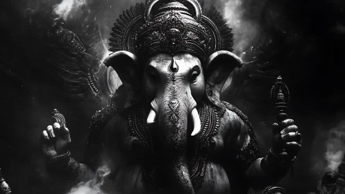 Monochrome depiction of ornate elephant-headed deity sculpture