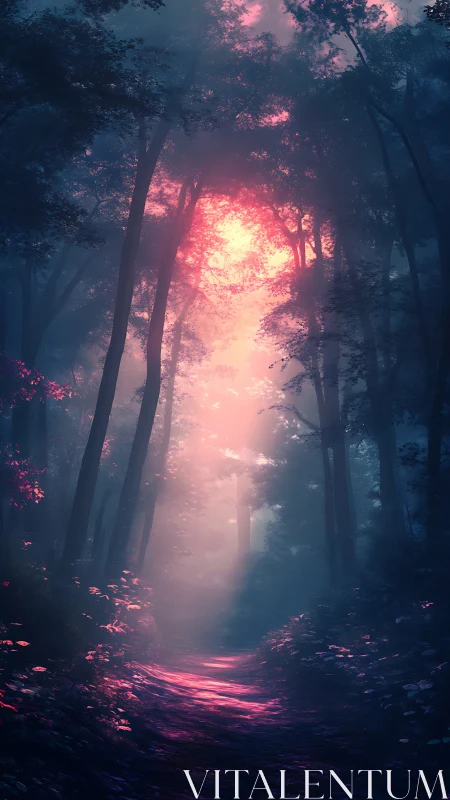 Luminous Forest Pathway: Ethereal Glow Through Ancient Trees