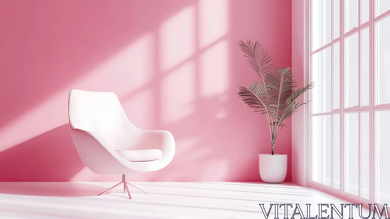 Minimalist pink interior with white chair and potted plant.