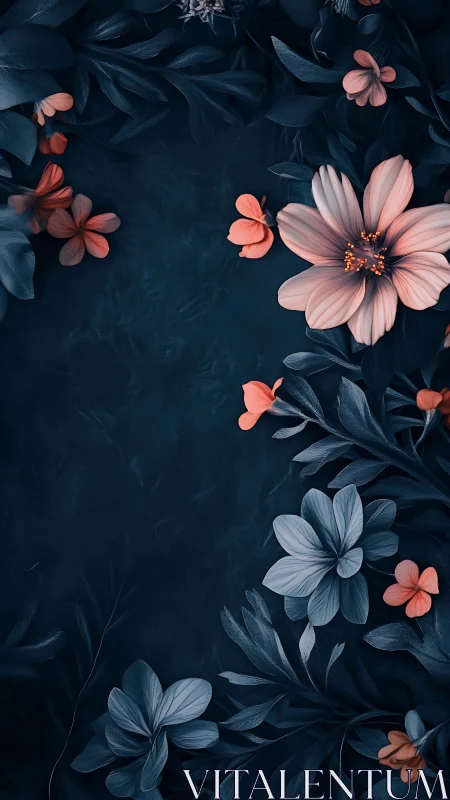 Deep Navy Floral Composition: Coral-Pink Petals with Indigo Foliage.