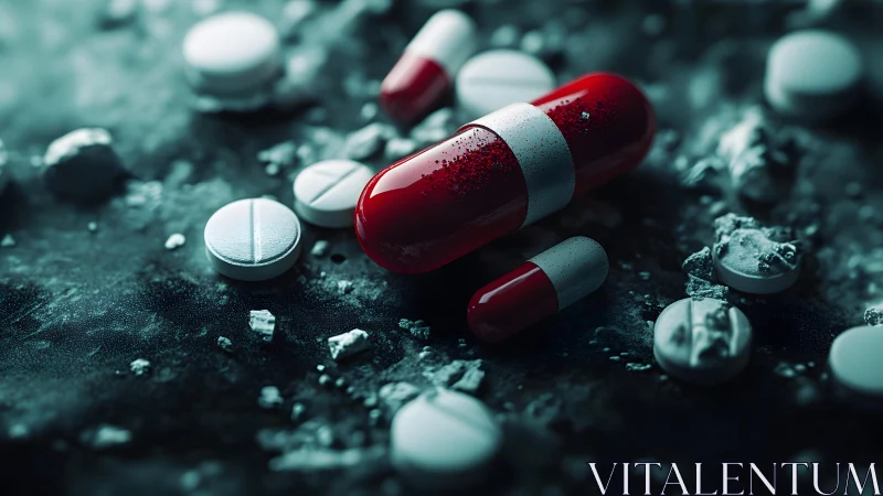 Dramatic close-up of red and white capsules among scattered tablets.