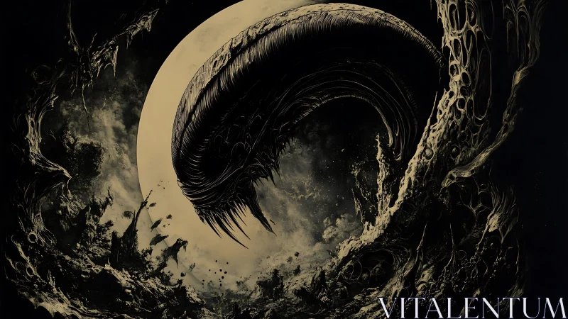 Cosmic serpent arcs across a haunted, moonlit void.