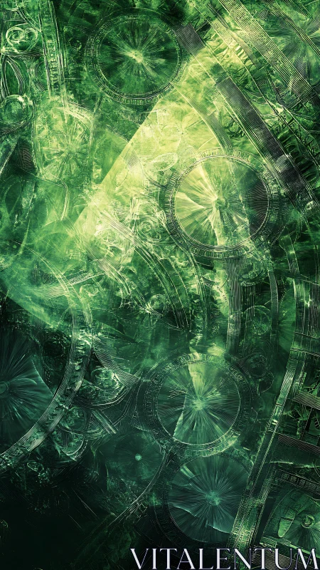 Layered green fractal gears with radial light forms.