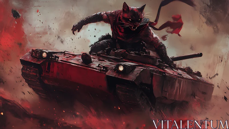 Battle-ready cat commander riding a roaring red tank.