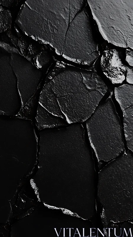 Macro closeup of fractured black rock with glossy wet texture
