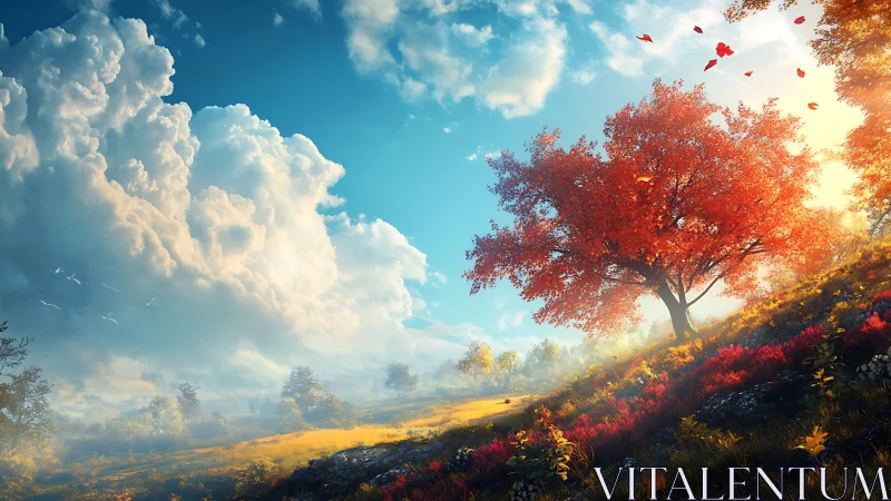 Crimson tree on windswept hillside beneath towering clouds.