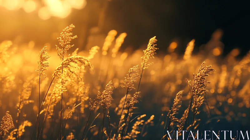 Golden evening sunlight washes over wild meadow grasses