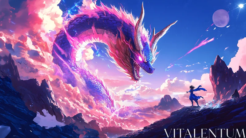 Celestial dragon arcs above lone warrior in glowing dusk sky