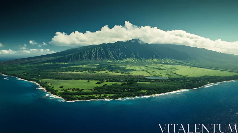 Majestic volcanic island rises above tropical emerald plains.