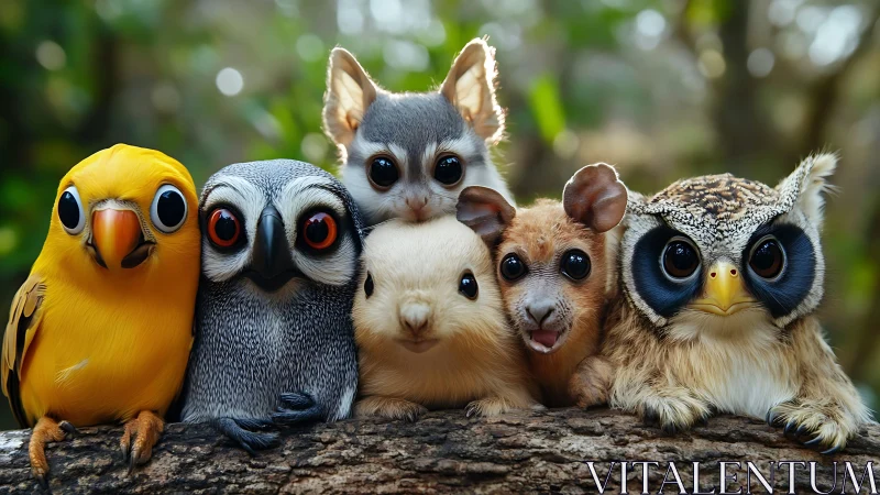Wide-eyed woodland cuddle crew perched in playful harmony.
