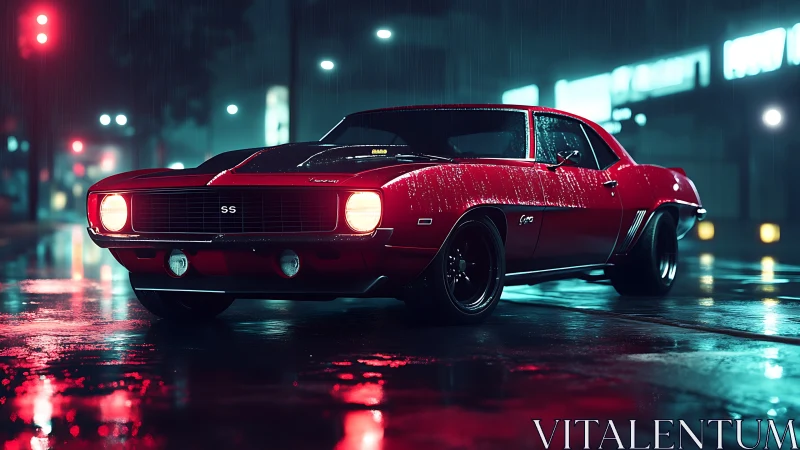 Red classic muscle car sits in wet neon city street at night