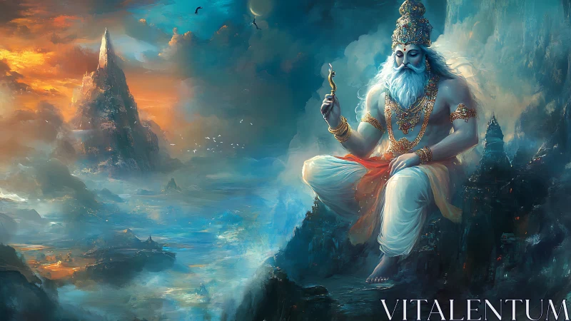 Serene celestial sage watching over glowing misty mountains.