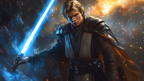 Digital warrior with blue energy sword amid blazing storm.