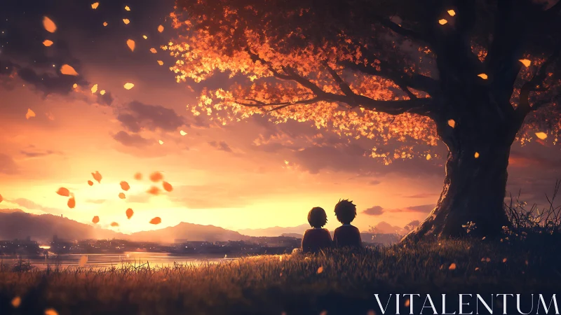 Sunset confessions beneath a blaze of falling ember leaves.