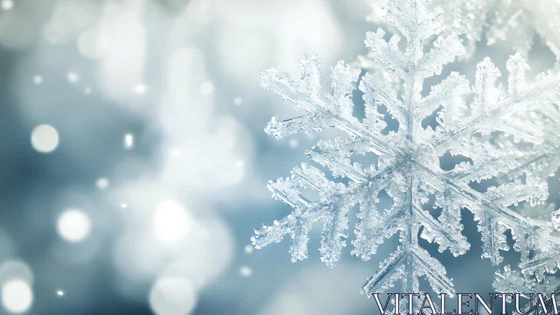 Crystal snowflake macro drifts through dreamy winter light.