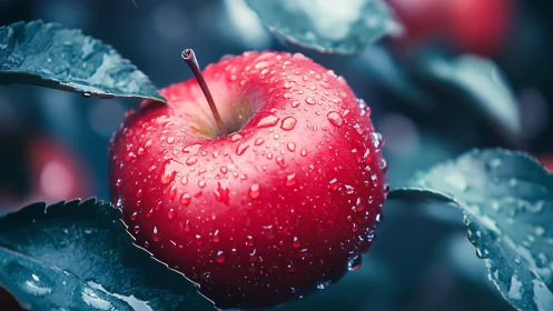 Photorealistic macro study of dewy red apple among foliage.
