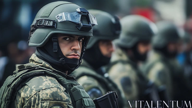 Soldier in tactical gear standing alert in urban formation.