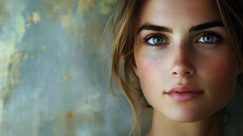 Gentle portrait of a freckled woman with luminous green eyes.