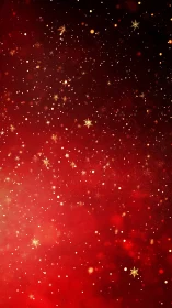 Golden snowflakes drifting over a cozy holiday red glow.