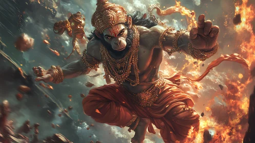 Mythic simian warrior in flight amid fire and debris.