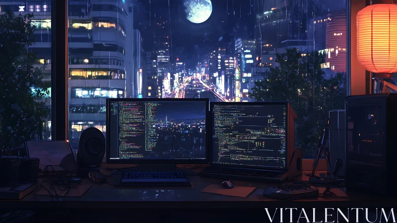 Night coder workstation overlooking neon urban skyline.