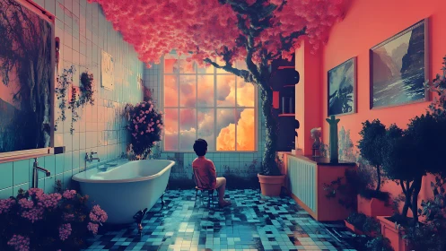Interior bathroom scene integrates pink tree and cloud view