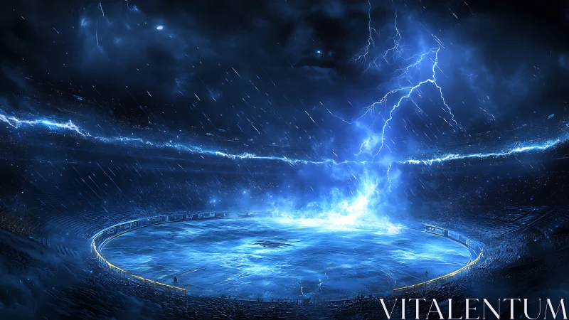 Electrified futuristic arena under intense blue lightning storm
