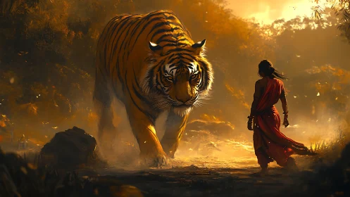 Sunlit jungle pact between wandering monk and titan tiger.
