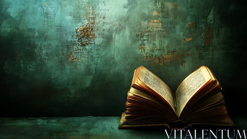 Antique book glows under moody teal textured backdrop.